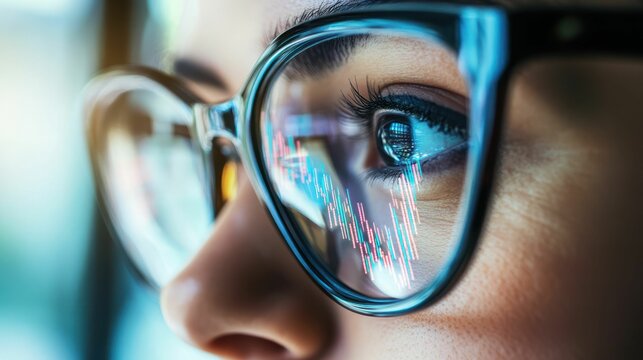 Woman's eye reflecting a stock market chart in her glasses. Business concept.