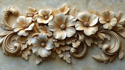 Carved floral ornament on marble wall, decorative relief (1)