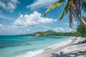 Escape to Tropical Paradise:  Azure Waters, White Sands, and Lush Greenery Under a Sunny Sky, a Tranquil Beach Scene with Palm Trees Swaying Gently in the Breeze.