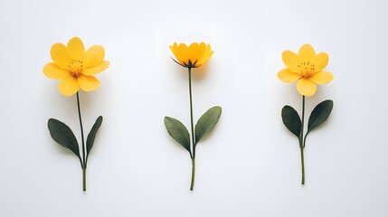 Three yellow flowers are arranged in a row on a white background. The flowers are small and delicate, with green leaves at the bottom