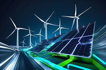 Sustainable energy wind turbines and solar panels with digital infrastructure concept