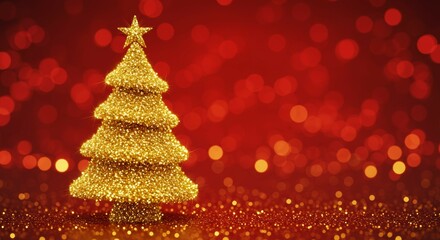 Sparkling Christmas Tree Decoration on Red Bokeh Background