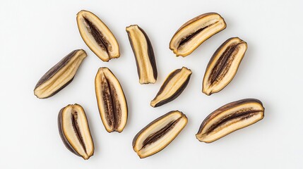 Top down view of small wild bananas native arid USA regions sliced arranged artistically on a white background used in educational and botanical food visuals cut out on isolated transparent background