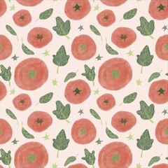 Seamless Botanical Pattern with Red Tomatoes and Green Leaves
