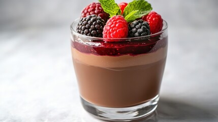 Chocolate dessert topped with fresh berries and mint on light background