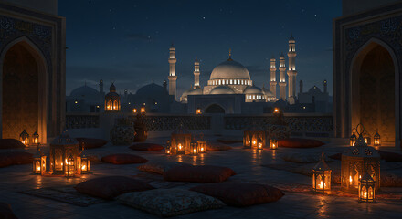 Enchanting rooftop scene illuminated by lanterns with a view of a grand mosque under the night sky