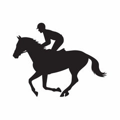 Powerful silhouette of a jockey riding a horse dynamic shapes strong contrast against a white background bold black