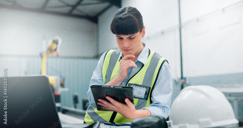 Poster Engineer, planning and woman on tablet for robotics, manufacturing or problem solving in factory. Technology, automation and serious worker thinking of production, industry 4.0 or insight with doubt
