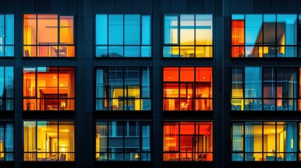 Modern apartment building at night, illuminated rooms