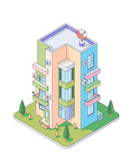 Isometric pastel building features balconies, satellite dish, and landscaping design on transparent background
