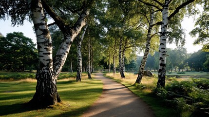 Obraz premium Birches grace golden path to nowhere