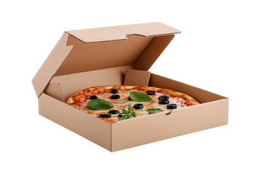 transparent PNG image of Pizza in a  open Cardboard Box