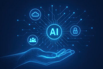 A digital hand supports an AI hub, surrounded by icons representing cloud, security, and connectivity on a glowing blue background.