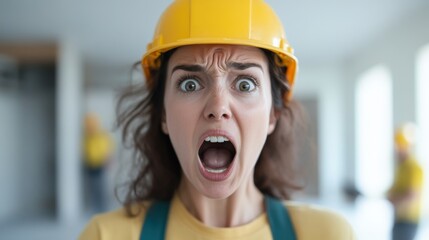 Construction worker expressing surprise and urgency during a project evaluation in a modern building site