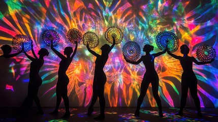 A group of dancer silhouettes holding intricate patterns reminiscent of kaleidoscopic shapes