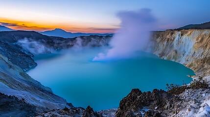Naklejka premium Breathtaking sunrise over volcanic crater lake with turquoise water and steam.