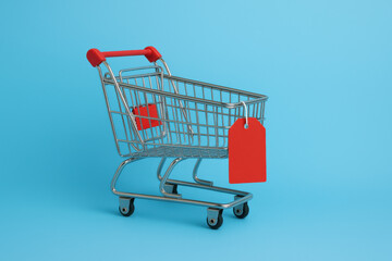 A small shopping cart with red handles and a red price tag on a blue background.