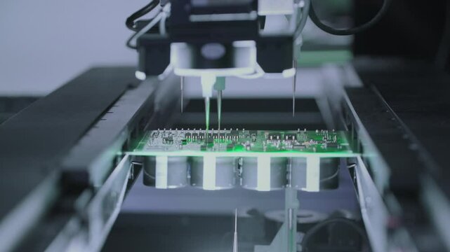 Close-up: component installation on circuit board. Electronic devices SMT industry. Factory of semiconductor, processor. PCB tiles manufacturing. Production of video cards for artificial intelligence.