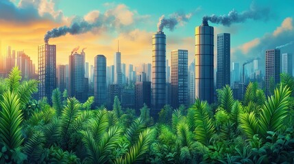 Urban skyline with skyscrapers amidst lush greenery at sunset, illustrating nature vs. industry