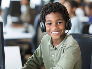Happy Black boy using computer in classroom during daytime