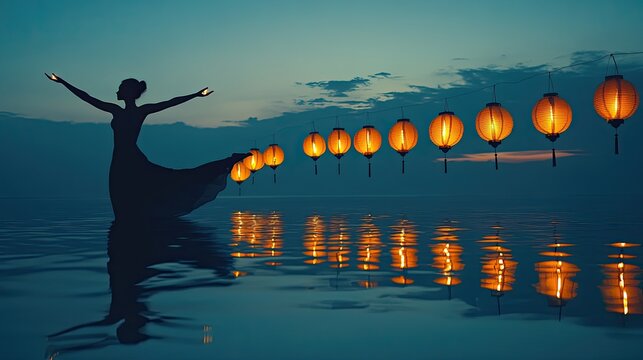 A serene silhouette of a dancer stretched gracefully under a row of glowing lanterns floating lazily on water at twilight