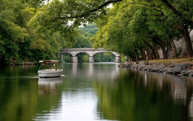 Boat glides on river under arching bridge
