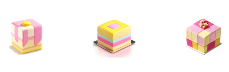 A PNG set of Battenberg Cake with transparent background, showcasing detailed checkerboard slices, whole cakes, and vibrant layers for use in baking and dessert-themed designs.

