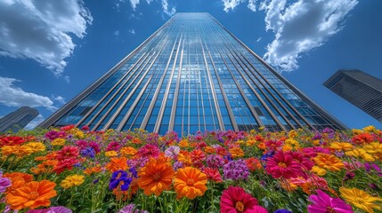 Modern skyscraper with vibrant floral ground cover.  A striking low-angle view of a tall, glass-fronted building against a partly cloudy sky, featuring a colorful bed of flowers and plants at the base