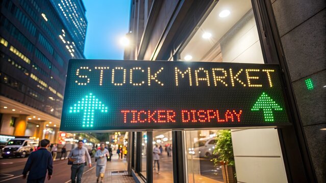 Illuminated Stock Market Ticker Display Shows Rising Trends Positive Market Signals City Night Ambiance