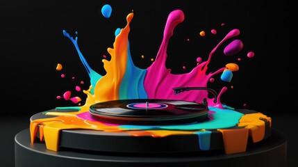 Colorful paint splash on vinyl record player