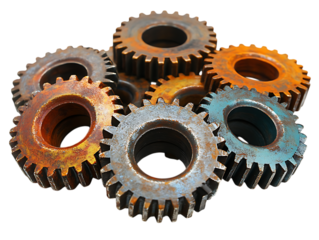 Rusty gears meshing together. Teamwork, mechanics, industry concept.