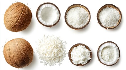 Top down view of whole and halved coconuts with shredded coconut pieces on white background tropical fruit often used in American smoothies and baking scenes cut out on isolated transparent background