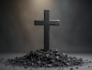 A black Christian cross stands tall on a pile of dark rock and dirt. Religious symbol representing faith and sacrifice, for spirituality and devotion concept design elements.