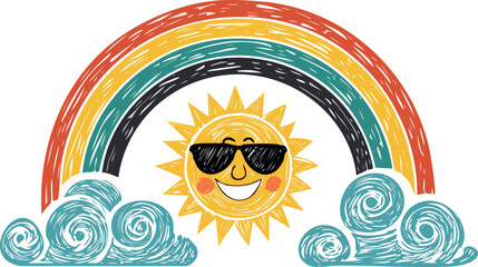 Playful Smiling Sun Doodle with Clouds and Rainbow
