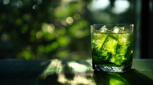 A chilled glass of freshen green beverage, complete with ice regular hexahedron and a refreshing sunlit ambiance.