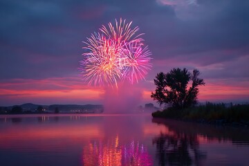 Fireworks bursting over a calm lake, with soft reflections on the water and a peaceful evening sky, celebrating freedom.
