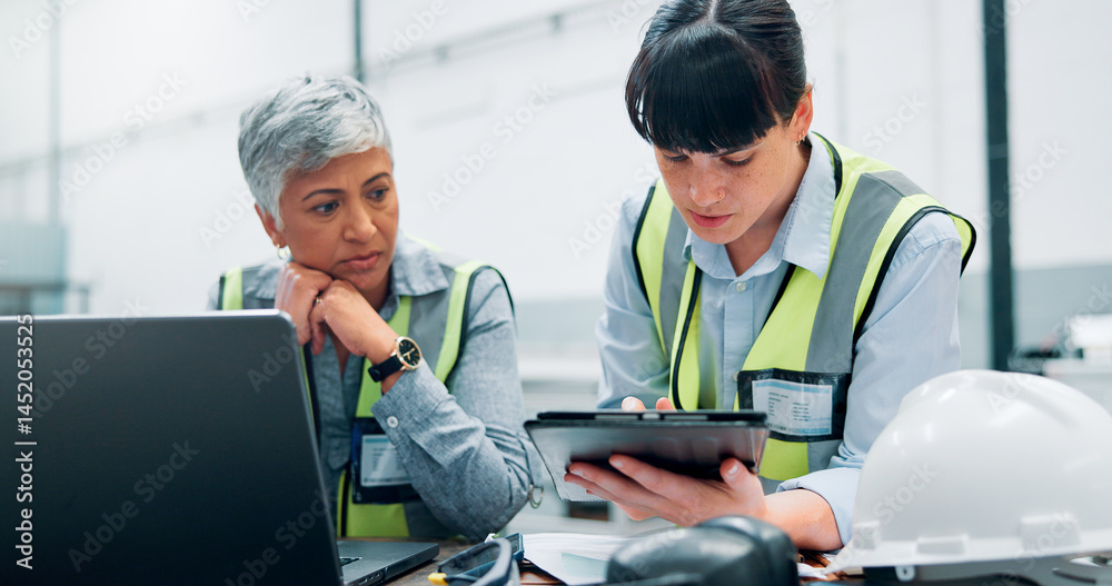 Aufkleber Tablet, engineer team and women in meeting for planning, discussion or problem solving at factory. Female employees, collaboration and brainstorming online with technology, software and programming
