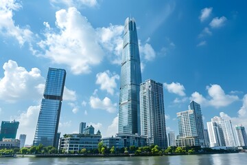 Obraz premium Modern Skyscrapers Rise Above City River: A Stunning Architectural Marvel with Breathtaking Views Under a Blue Sky, Showcasing Innovative Designs and Urban Development. A City's Skyline Transforms wi