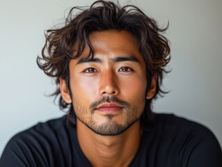 Obraz premium Close-up portrait of a young man with tousled hair and a thoughtful expression