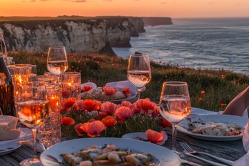 Dining at sunset amidst blooming poppies near the cliffs with ocean views creating a perfect evening atmosphere