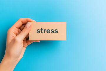 Concept of Stress. Hand holding a card with the word 'stress' against a blue background. Shows mental and emotional strain and tension.