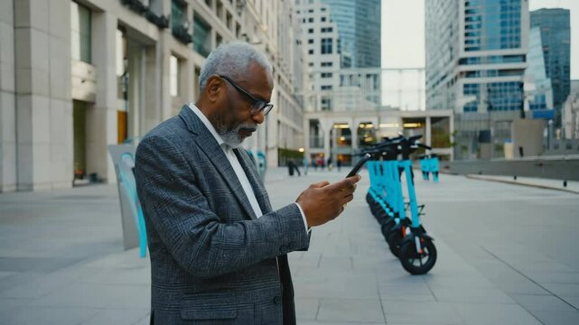 Elegant senior man walking through city, checking smartphone with focus and calm, showing digital fluency and independence in urban everyday life