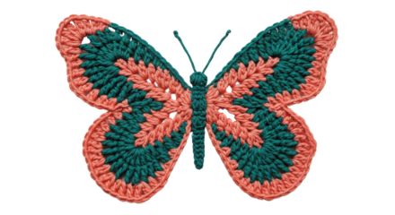 Crocheted butterfly in coral and green isolated PNG with Transparent Background