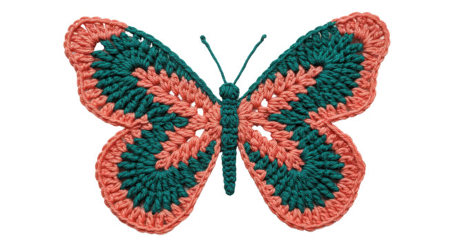 Crocheted butterfly in coral and green isolated PNG with Transparent Background - Powered by Adobe