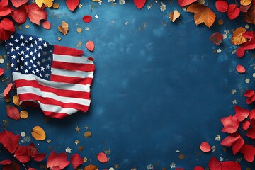 American flag with autumn leaves on a textured blue background for patriotic concepts