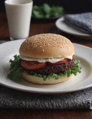 Delicious sesame seed hamburger with fresh toppings on a wooden table
