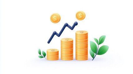 Tax liability on income. Financial growth illustration with coins, a graph, and green leaves symbolizing prosperity.