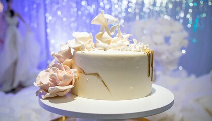 Fototapeta premium Elegant White Cake with Gold Drips Sugar Roses on Display