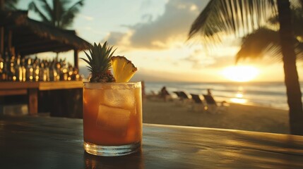Tropical cocktail with pineapple garnish on a bar with sunset beach view.