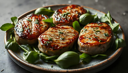 Veal medallions with spinach, 8k  photorealism. with white shades